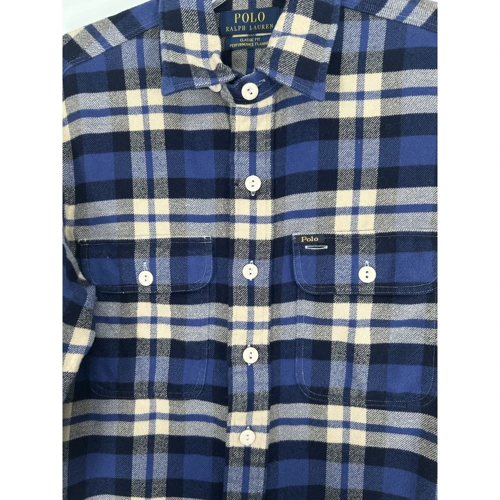Polo Ralph Lauren Flannel Shirt Men Small White Blue Plaid Performance Button Up